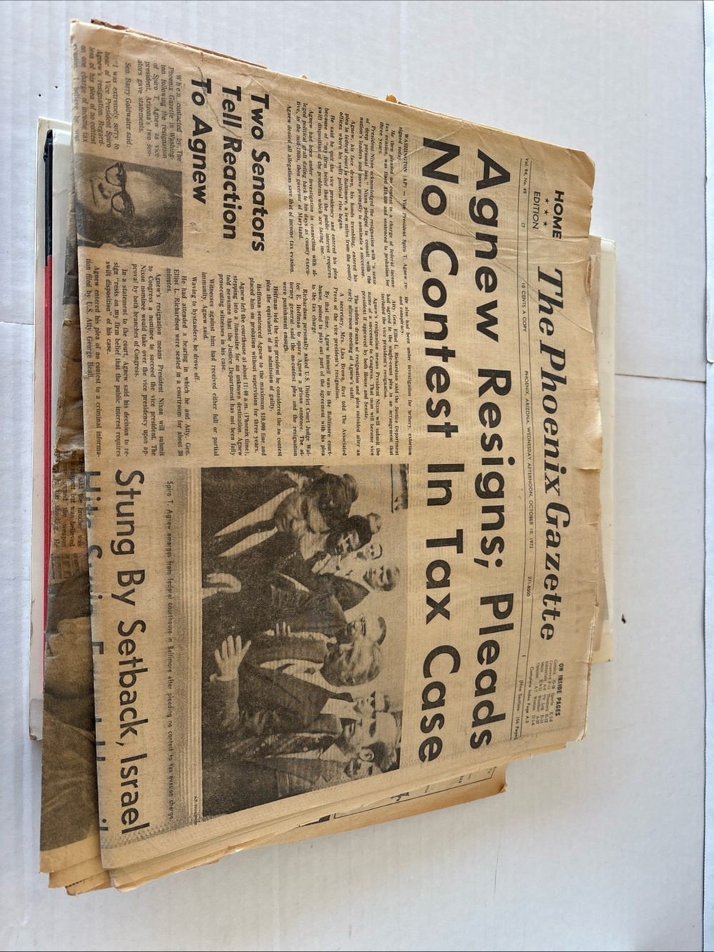 Neutral Cream Vintage Newspaper Stack Decorative Accent